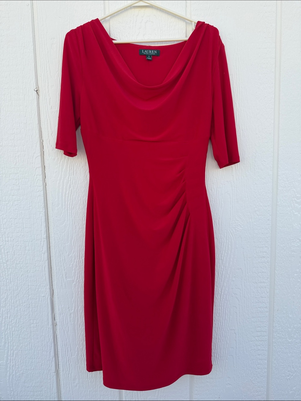 Lauren Ralph Lauren Womens Size 8 Dress Red Cowl Neck Ruching on Side Lined